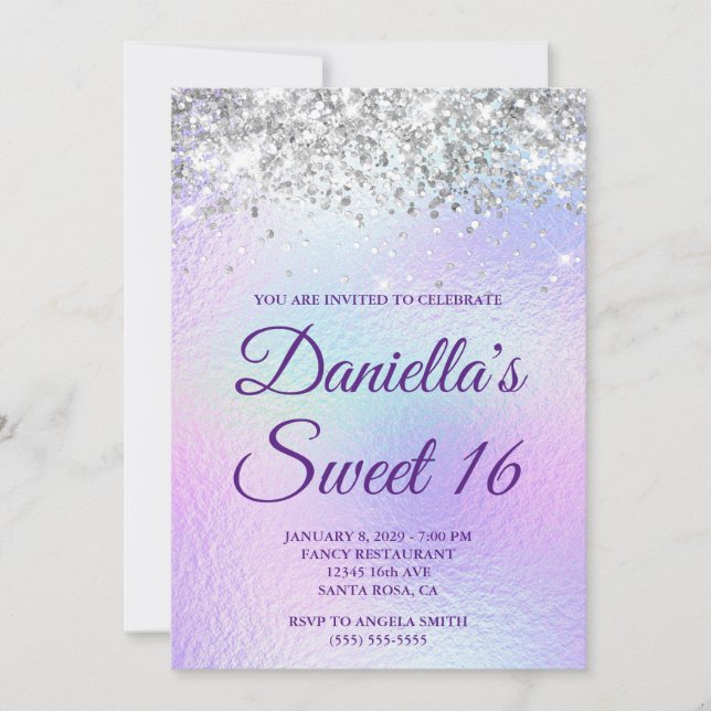 Invitación Cumpleaños 16 Dulce Brillo Plateado Iridescente Fo (Anverso)