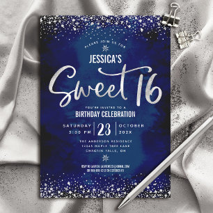Invitación Cumpleaños 16 Dulce Escritura Plata Navy Acuarela