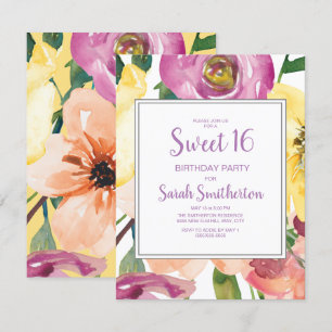 Invitación Cumpleaños 16 Dulce Floral Amarillo Purpura Rosa