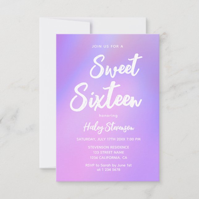 Invitación Cumpleaños 16 Dulce Gradiente Moderno Morado Tende (Anverso)
