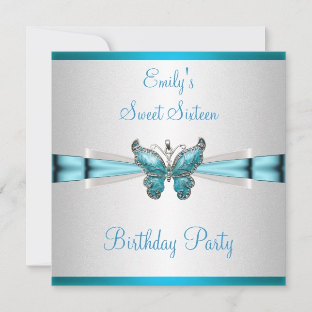 Invitación Cumpleaños 16 Dulce Mariposa Azul Teal Blanca (Anverso)