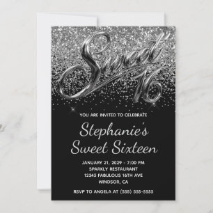 Invitación Cumpleaños 16 Dulce Plateado Brillante Chrome Negr