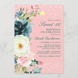 Invitación Cumpleaños 16 Dulce Rosa Turquesa Crema Floral