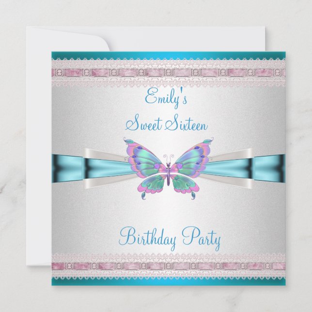 Invitación Cumpleaños 16 Dulces Blanco Azul Teal Rosa Maripos (Anverso)