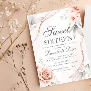Invitación Cumpleaños 16 Dulces Dieciséis Brillante Floral El