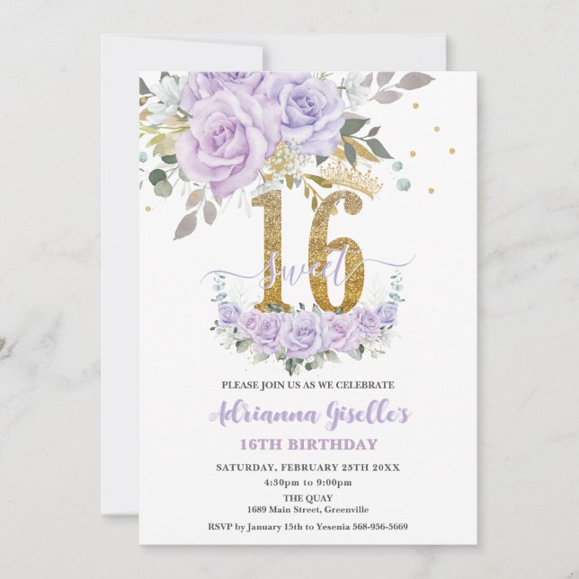 Invitación Cumpleaños 16 Dulces Dieciséis Floral Lila Púrpura (Anverso)