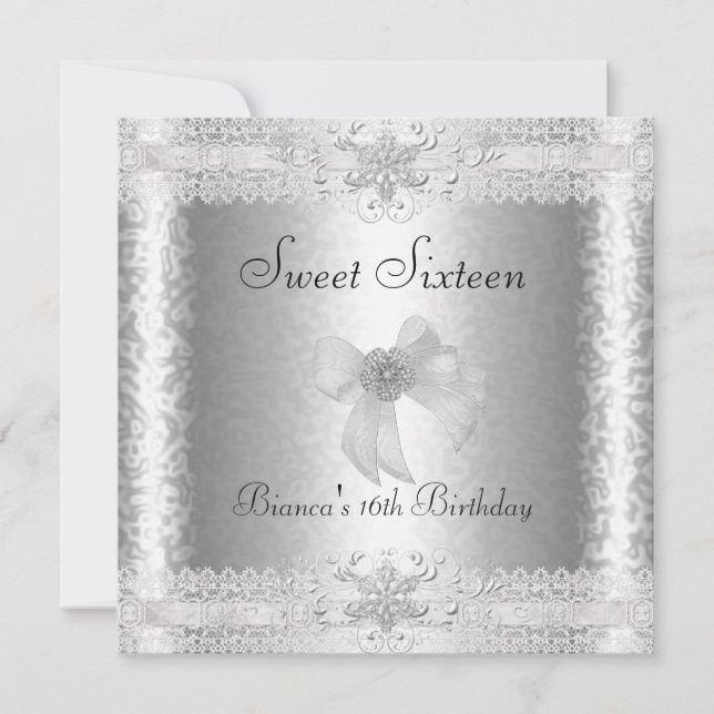 Invitación Cumpleaños 16 Dulces Elegante Floral Blanco Plata  (Anverso)