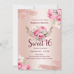 Invitación Cumpleaños 16 Elegante Rosa Dorado Floral