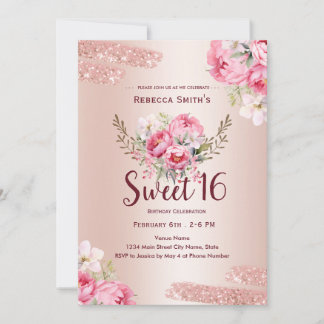 Invitación Cumpleaños 16 Elegante Rosa Dorado Floral 