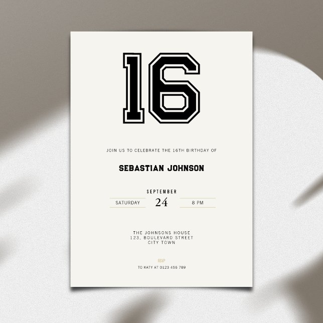 Invitación Cumpleaños 16 - Estilo Deportivo Minima (16th birthday invitation simple sport design for teenagers)