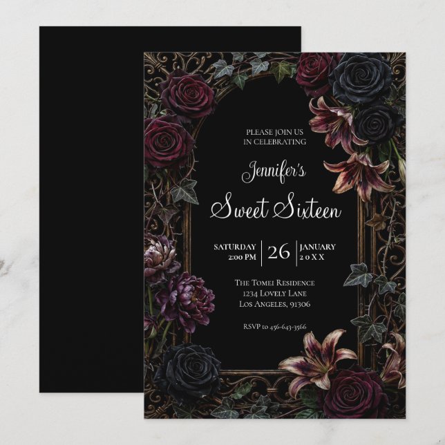 Invitación Cumpleaños 16 Floral Gótico Malhumorado (Anverso / Reverso)