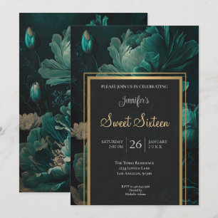 Invitación Cumpleaños 16 Floral Oscuro Verde Acuario