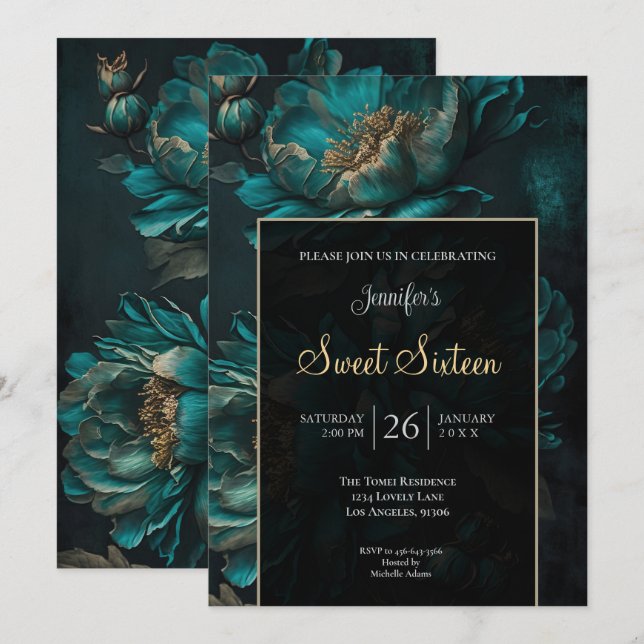 Invitación Cumpleaños 16 Floral Oscuro Verde Teal (Anverso / Reverso)