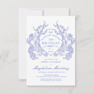Invitación Cumpleaños 16 francés vintage cresta floral azul
