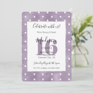 Invitación Cumpleaños 16 Girly Morado Puntos Blancos