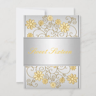Invitación Cumpleaños 16 Light Silver Metal Flores Amarillas