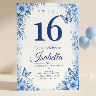 Invitación Cumpleaños 16 Mariposa Azul Floral