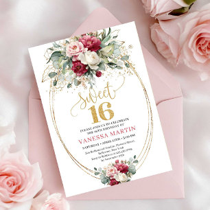 Invitación Cumpleaños 16 Minimal Rojo Rubor Verde Dorado