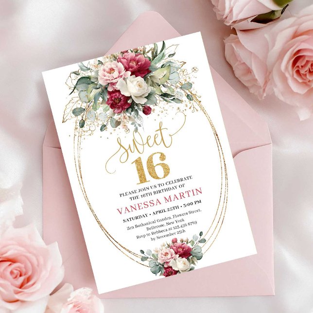 Invitación Cumpleaños 16 Minimal Rojo Rubor Verde Dorado (Minimal Red Blush Greenery Sweet 16 Birthday Invite)
