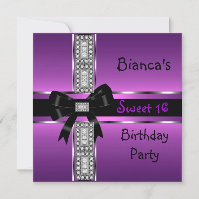 Invitación Cumpleaños 16 Morado Rosa Plateado Negro Diamantes (Anverso)