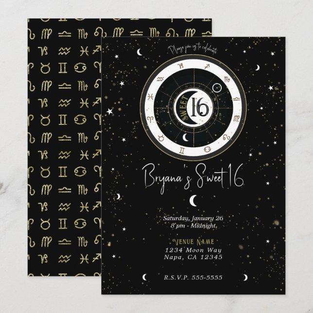 Invitación Cumpleaños 16 personalizado signo solar y lunar As (Anverso / Reverso)