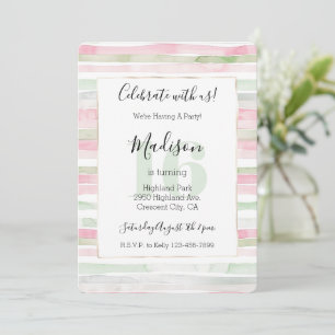 Invitación Cumpleaños 16 Rayas Rubor Menta Rosa