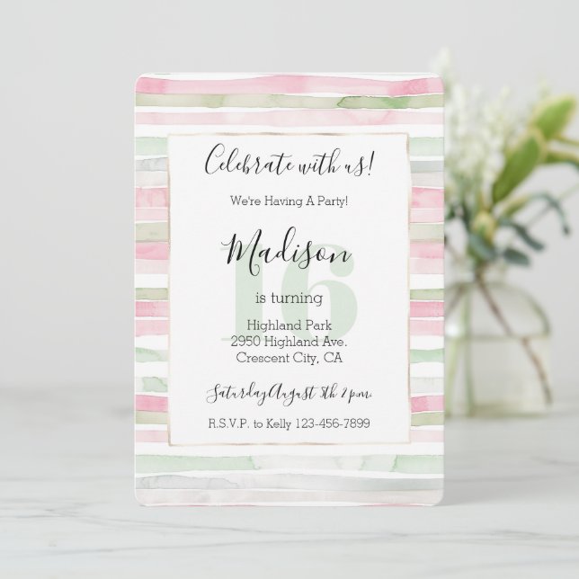 Invitación Cumpleaños 16 Rayas Rubor Menta Rosa (Anverso de pie)