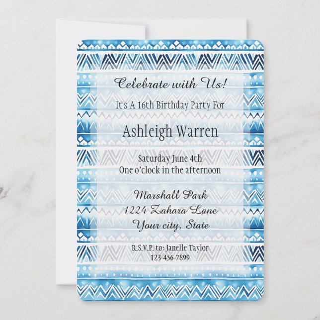 Invitación Cumpleaños 16 Rayas Tribales Blanco Azul Acuático (Reverso)