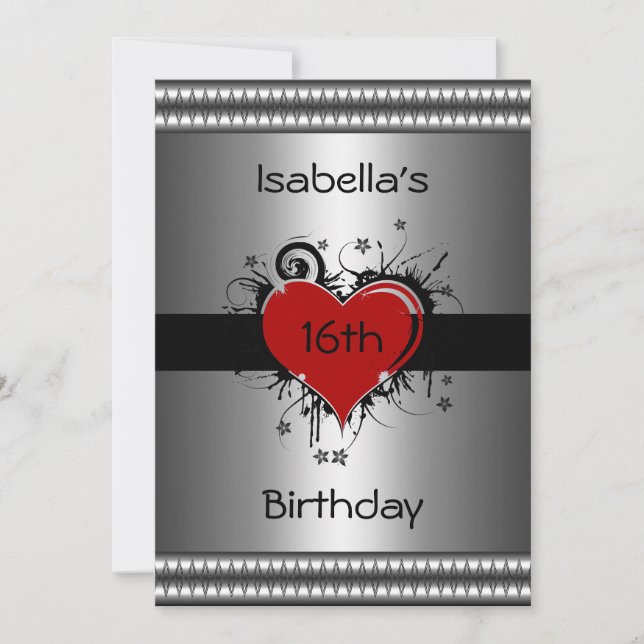 Invitación Cumpleaños 16 Rojo Negro Floral Corazón Plata (Anverso)