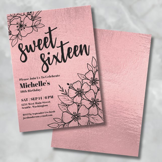 Invitación Cumpleaños 16 Rosa Dorado Floral (Rose Gold Floral 80th Birthday Party Invitation)