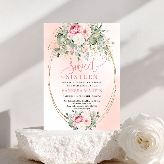 Invitación Cumpleaños 16 Rosa Dorado Tono Rubor de (Trendy Blush Rose Gold Sweet Sixteen Invite)