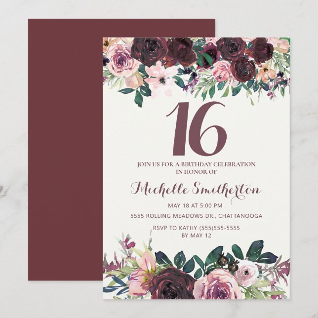 Invitación Cumpleaños 16 Rosa Floral Tono Borgoña (Anverso / Reverso)