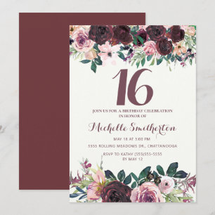 Invitación Cumpleaños 16 Rosa Floral Tono Borgoña