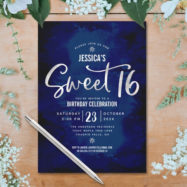 Invitación Cumpleaños 16 Royal Blue Silver Script Bold Dulce (Subido por el creador)