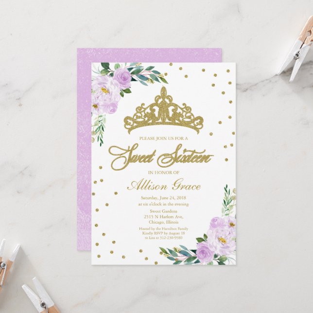 Invitación Cumpleaños 16 Tiara Dorada Floral Lavan (Anverso/Reverso In Situ)