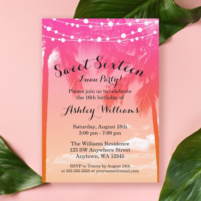 Invitación Cumpleaños 16 Tropical Luau Rosa Naranja (Subido por el creador)