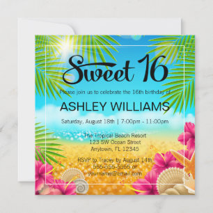 Invitación Cumpleaños 16 Tropical Playa Hibisco Rosa