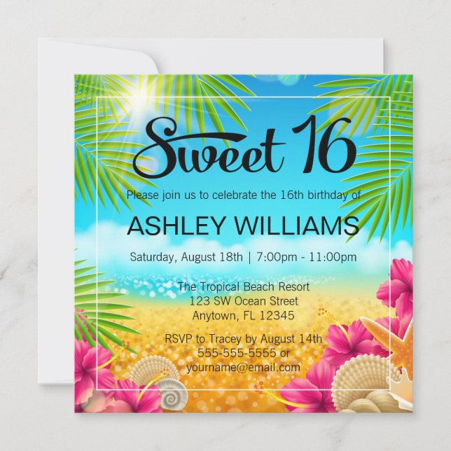 Invitación Cumpleaños 16 Tropical Playa Hibisco Rosa (Anverso)