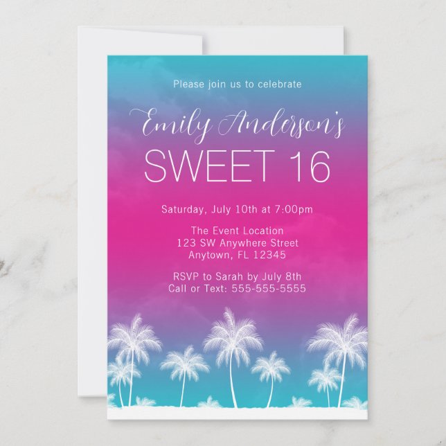 Invitación Cumpleaños 16 Tropical Verde Teal Rosa Dulce (Anverso)
