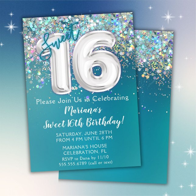 Invitación Cumpleaños 16 Turquesa Brillo Plateado (Subido por el creador)