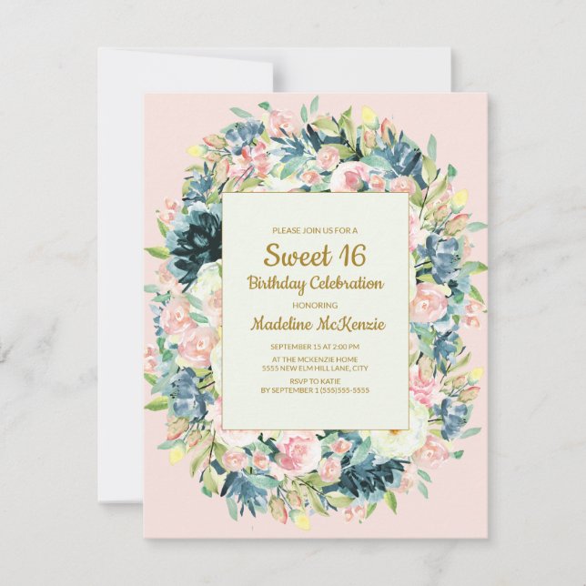 Invitación Cumpleaños 16 Vintage Rosa Floral Botánico (Anverso)