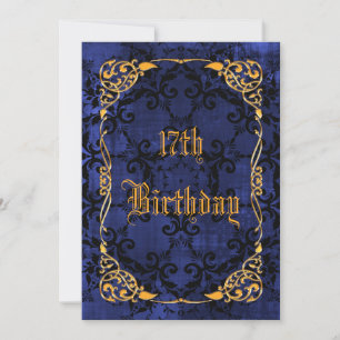 Invitación Cumpleaños 17 Azul Gótico y Dorado Enmarcado