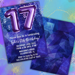 Invitación Cumpleaños 17 de Niño Azul Púrpura