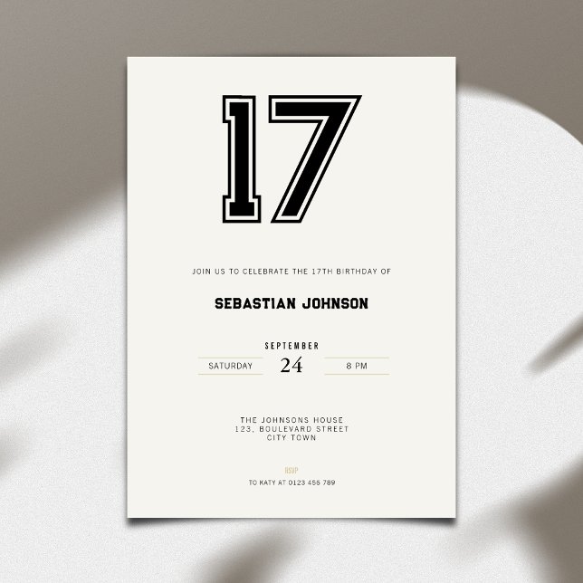 Invitación Cumpleaños 17 - Estilo Deportivo Minima (17th birthday invitation simple sport design for teenagers)