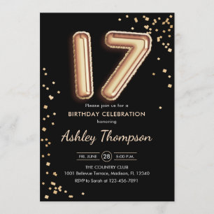 Invitación Cumpleaños 17 - Globos de Oro Negro