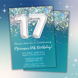 Invitación Cumpleaños 17 Turquesa Brillo Plateado