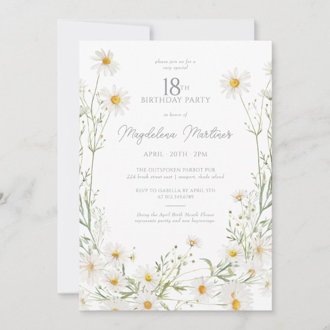 Invitación Cumpleaños 18 Abril Flor del Mes de Nacimiento Mar (Anverso)