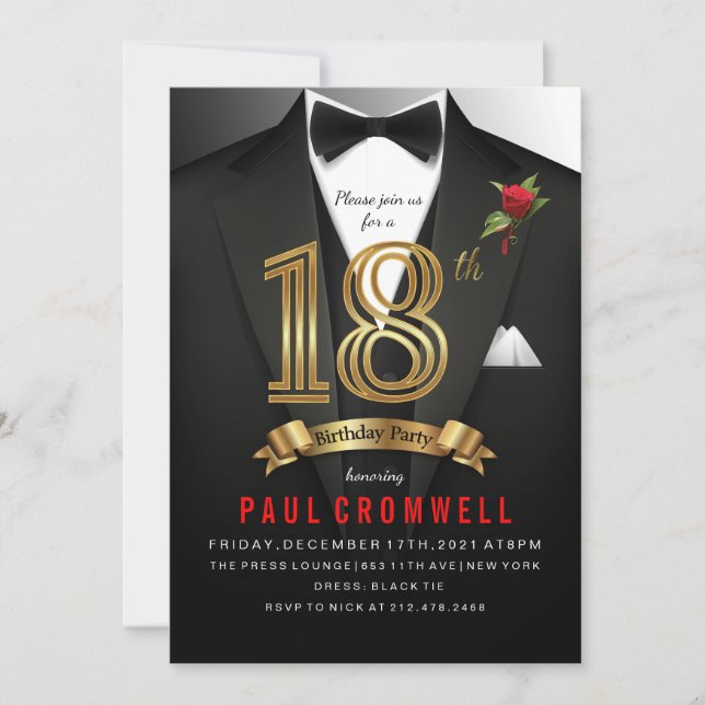 Invitación Cumpleaños 18 años Esmoquin Corbata negra (Anverso)