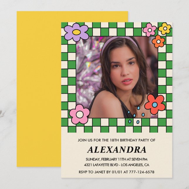 Invitación cumpleaños 18 años Flores Retro Groovy (Anverso / Reverso)