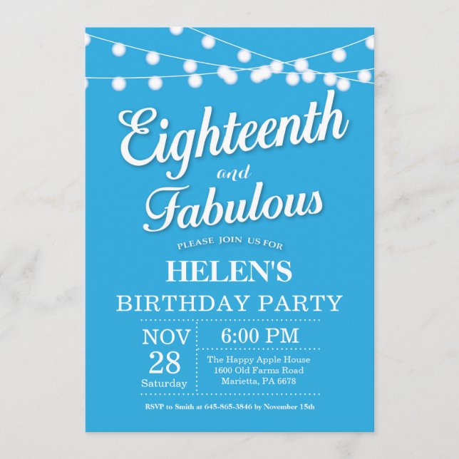 Invitación cumpleaños 18 azul fabuloso (Anverso)